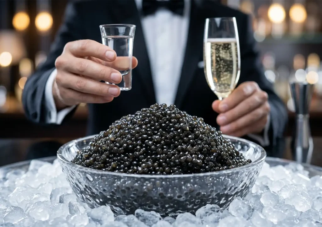 A bowl of caviar in front of a man holding a glass of sparkling wine and a shot of vodka
